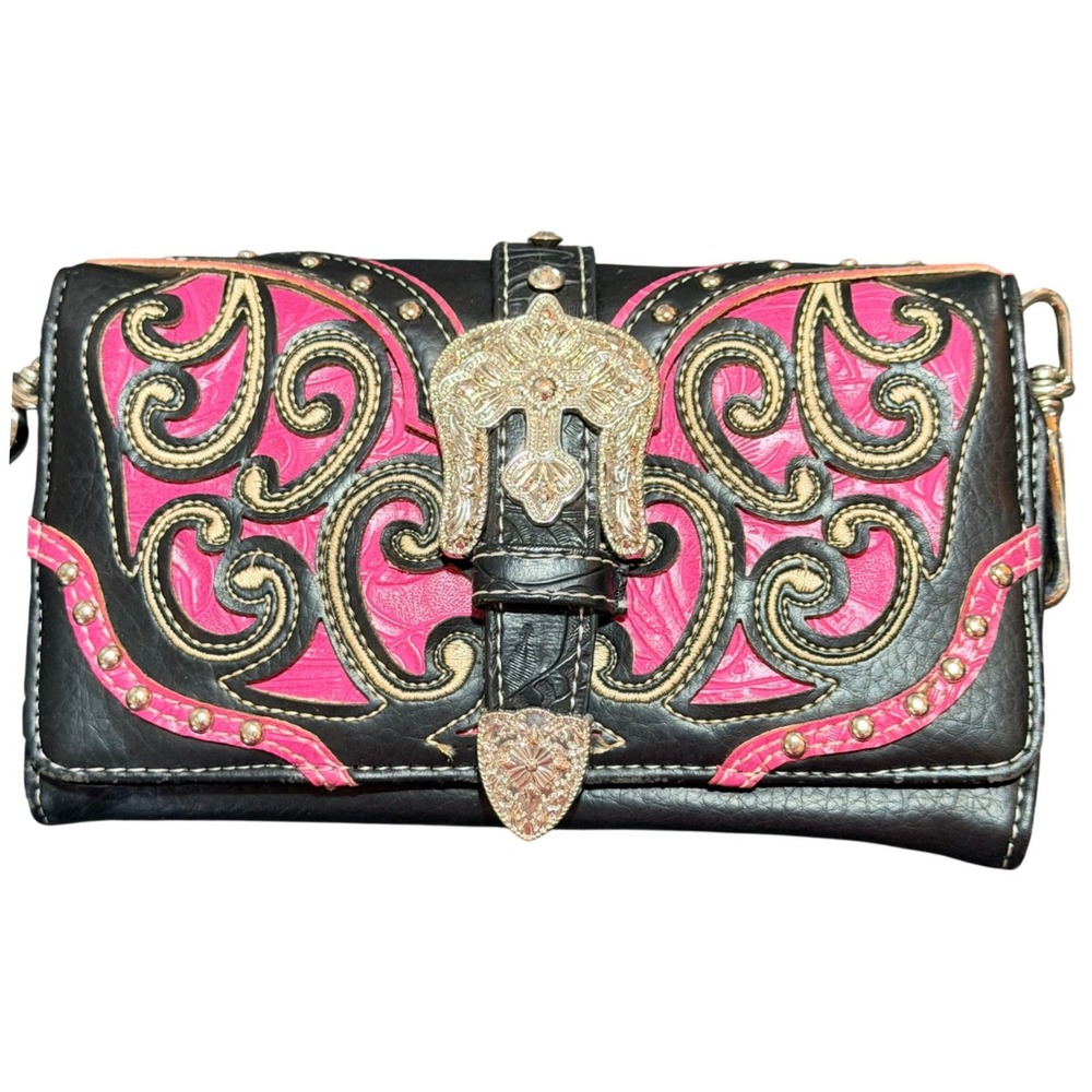 Western Wallet Womens Black Pink Faux Leather Rhinestone Buckle Studded Cowgirl